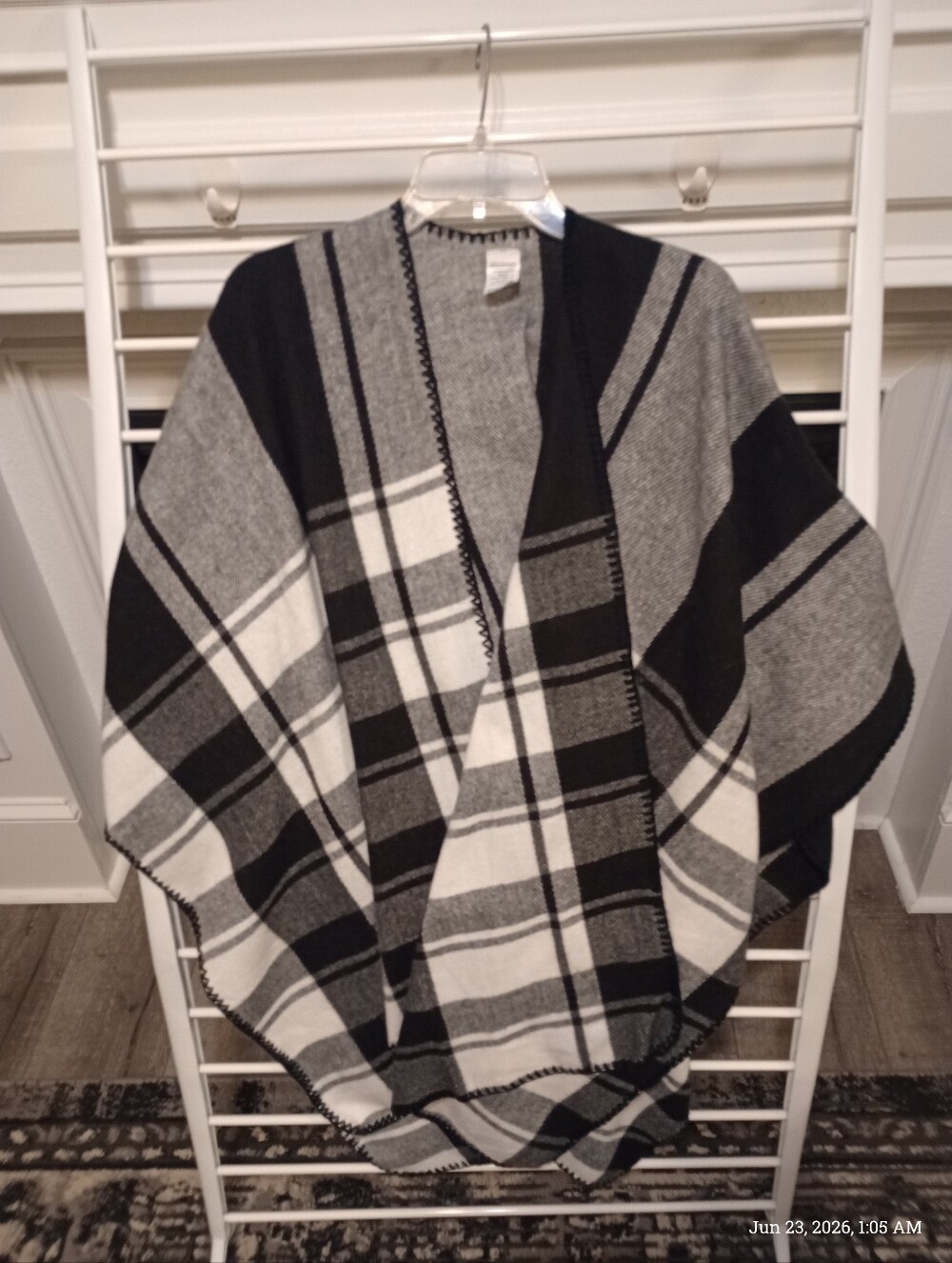 Black and Gray Plaid Open Front Poncho